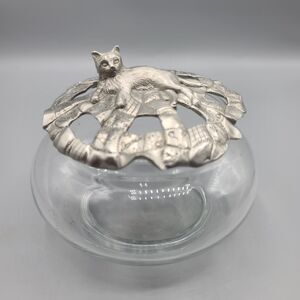 Cat On A Quilt Pewter Lid On Glass 1995 Bowl Etain Zinn Seagull Canada